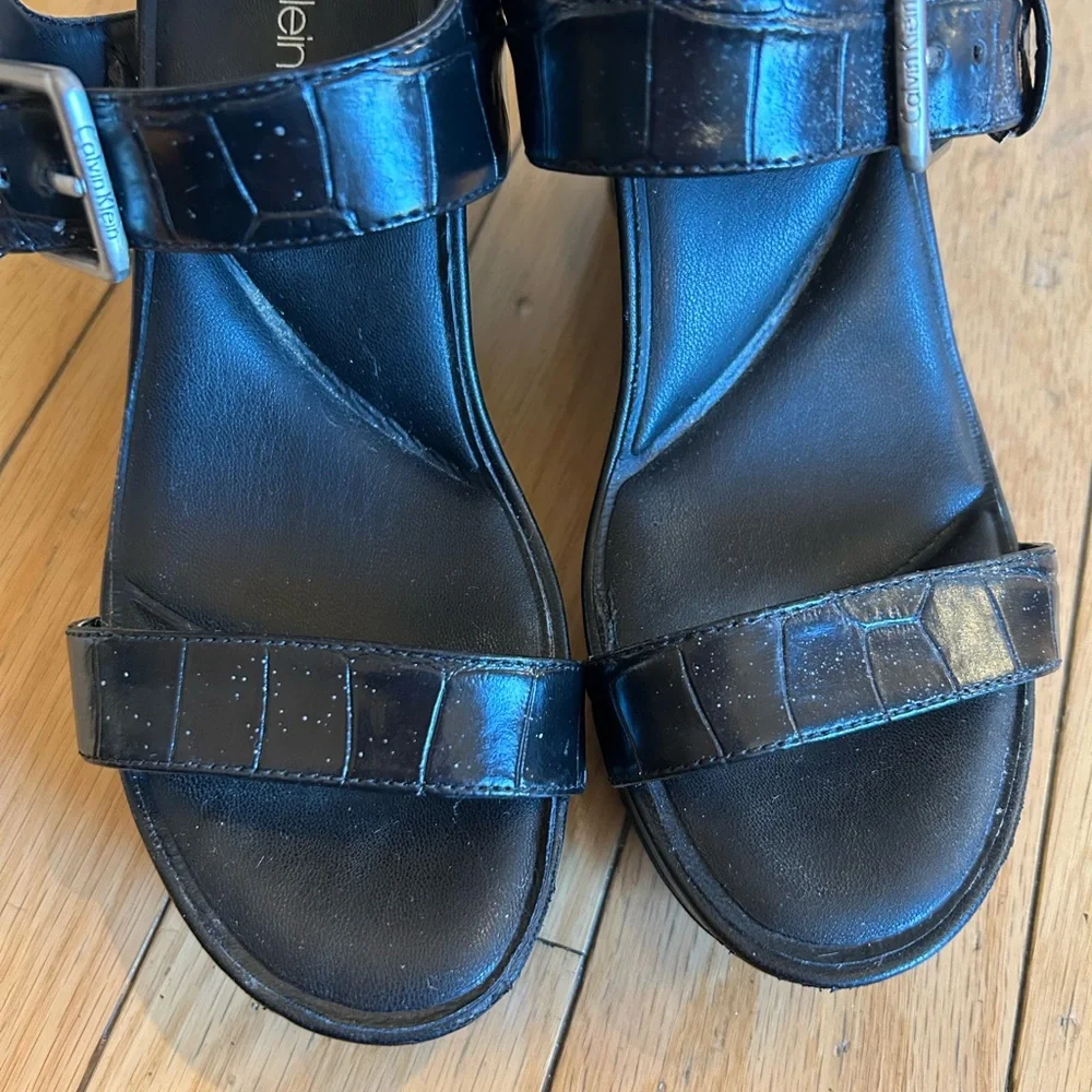 Calvin Klein Glossy Black Croc Wedge Sandals